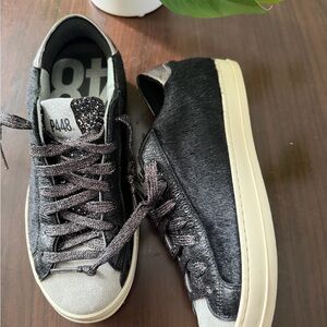 P448 Black Haircalf Low-Top Sneakers with Cream Sole and Metallic Accents